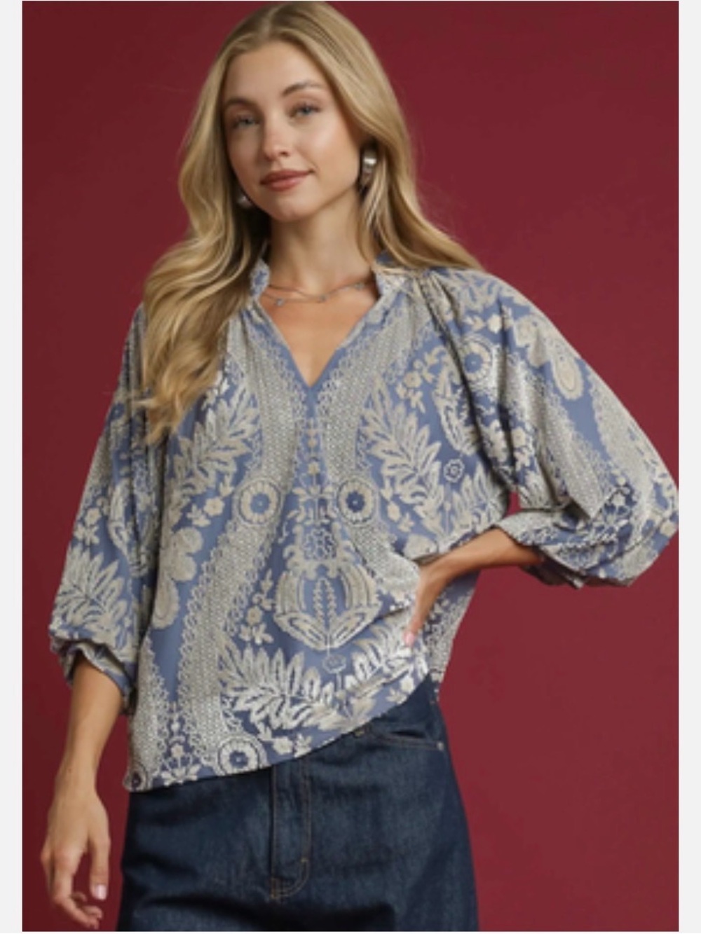 Umgee Botanical Floral Pattern Split Neck 3/4 Sleeve Top SZ LG